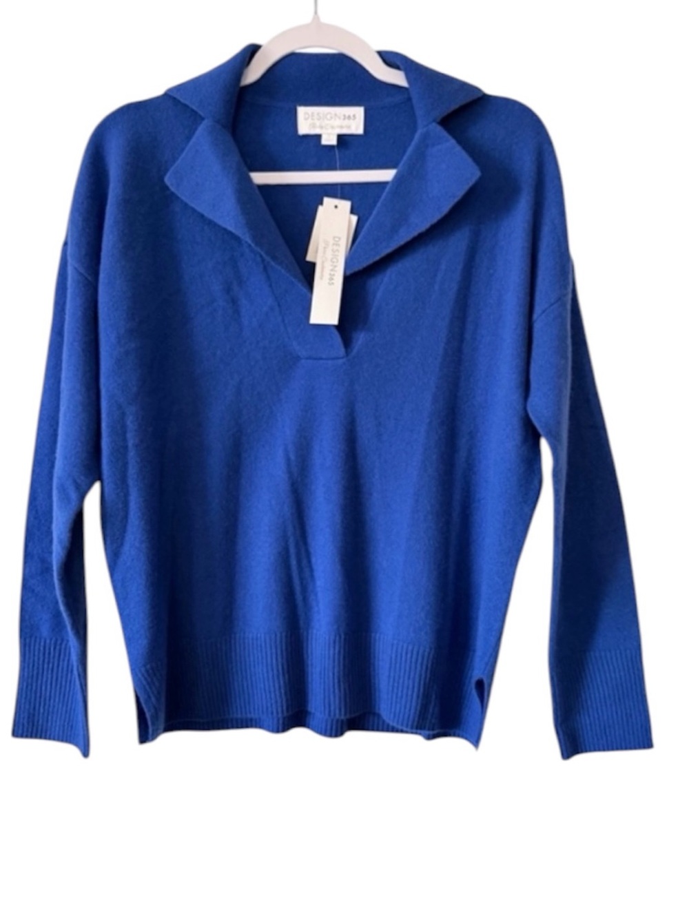 NWT Design 365 women’s Small long sleeve collared Lapis blue Cashmere sweater